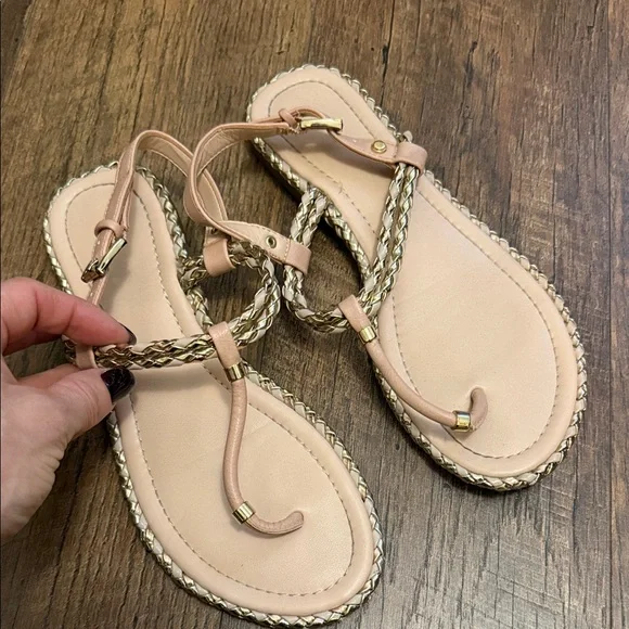 Aldo Blush Braided T-Strap Sandals with Gold Trim - Picture 1 of 7